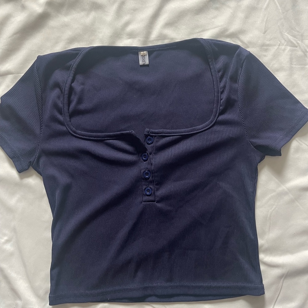 navy blue half button crop top
